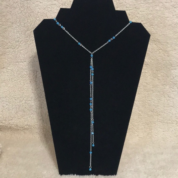 NEW DIRECTIONS ROSARY NECKLACE SILVER TONE BLUE BEADS - Picture 2 of 5